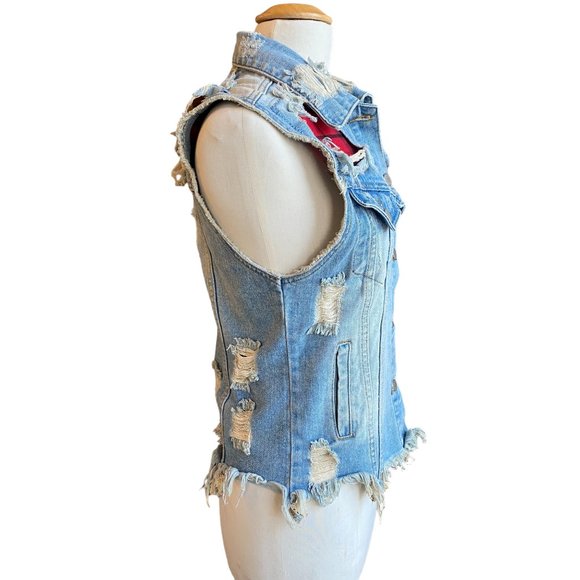 Unif Distressed Shredded Grunge Fringe Denim Festival Rodeo Vest Plaid Patches-S - Picture 8 of 16